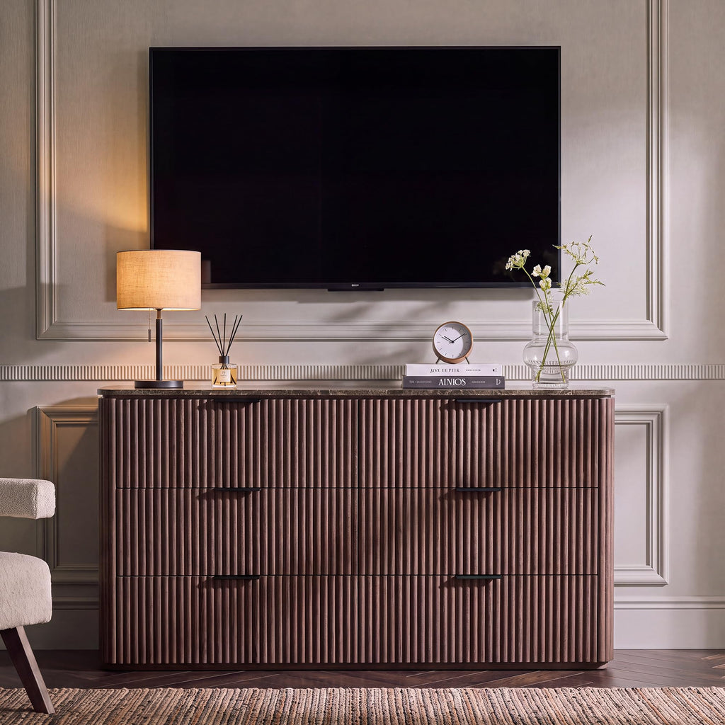 54" W Fluted 6 Drawer Bedroom Dresser, with Faux Marble Top, Dark Oak