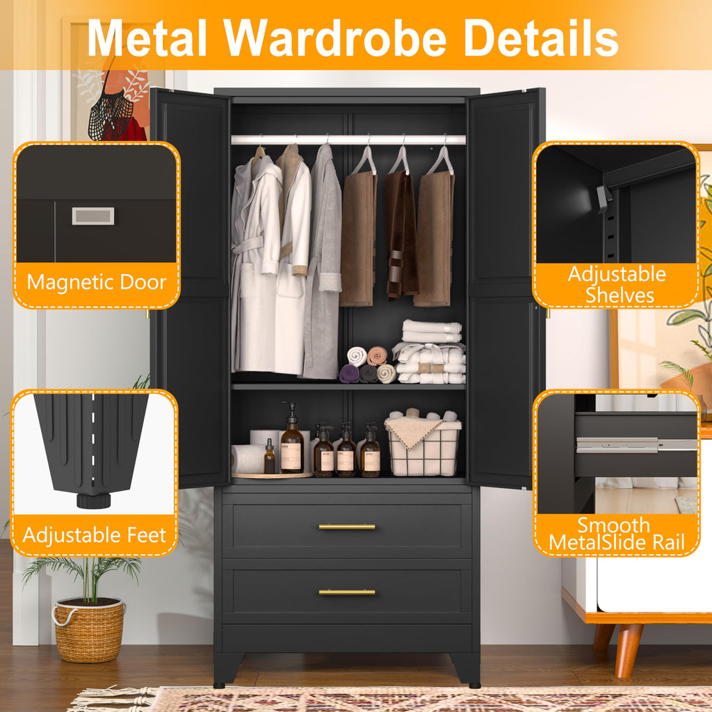 71" H Metal Armoire Wardrobe Closet with 2 Drawers, Adjustable Shelve, Clothes Drying Pole, Steel Wardrobe Cabinet