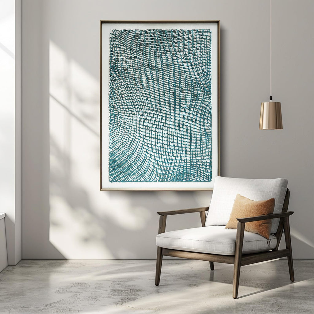 Handmade Acrylic Abstract Wall Art with 3D Textured Lines Serene Teal Wave Canvas Painting in Gallery Frame for