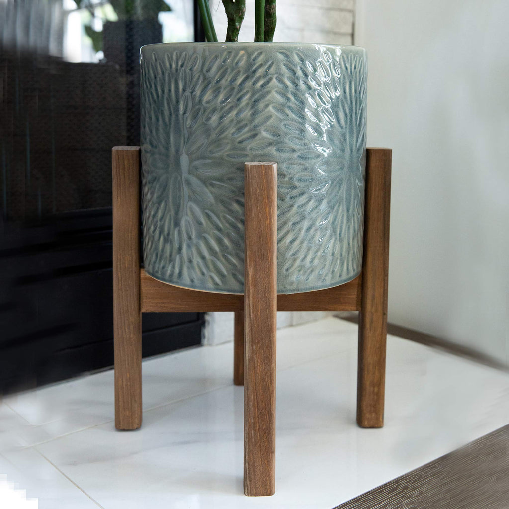 Mid Century 2pcs 10 inch & 8 inch Sunburst Ceramic Planter on Wood Stand, Set of 2