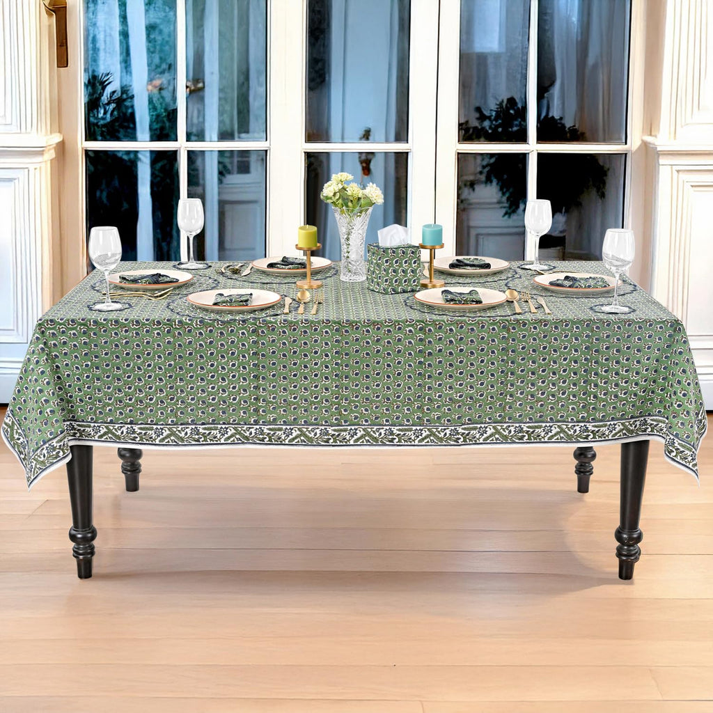 Basil Green, Peacock Blue Hand Block Print Cotton Cloth Dinning Table Cover Wedding Farmhouse Thanks Giving Christmas