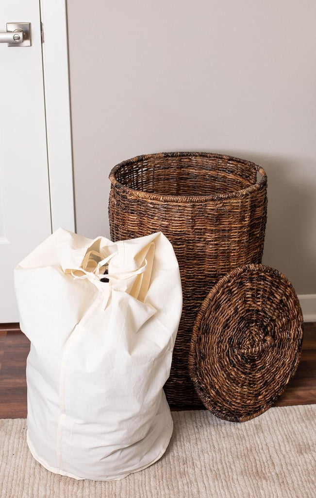 Seagrass Laundry Hamper with Lid & Liner - Handwoven Round Basket with Handles for Laundry/Dirty Clothes - Organizer