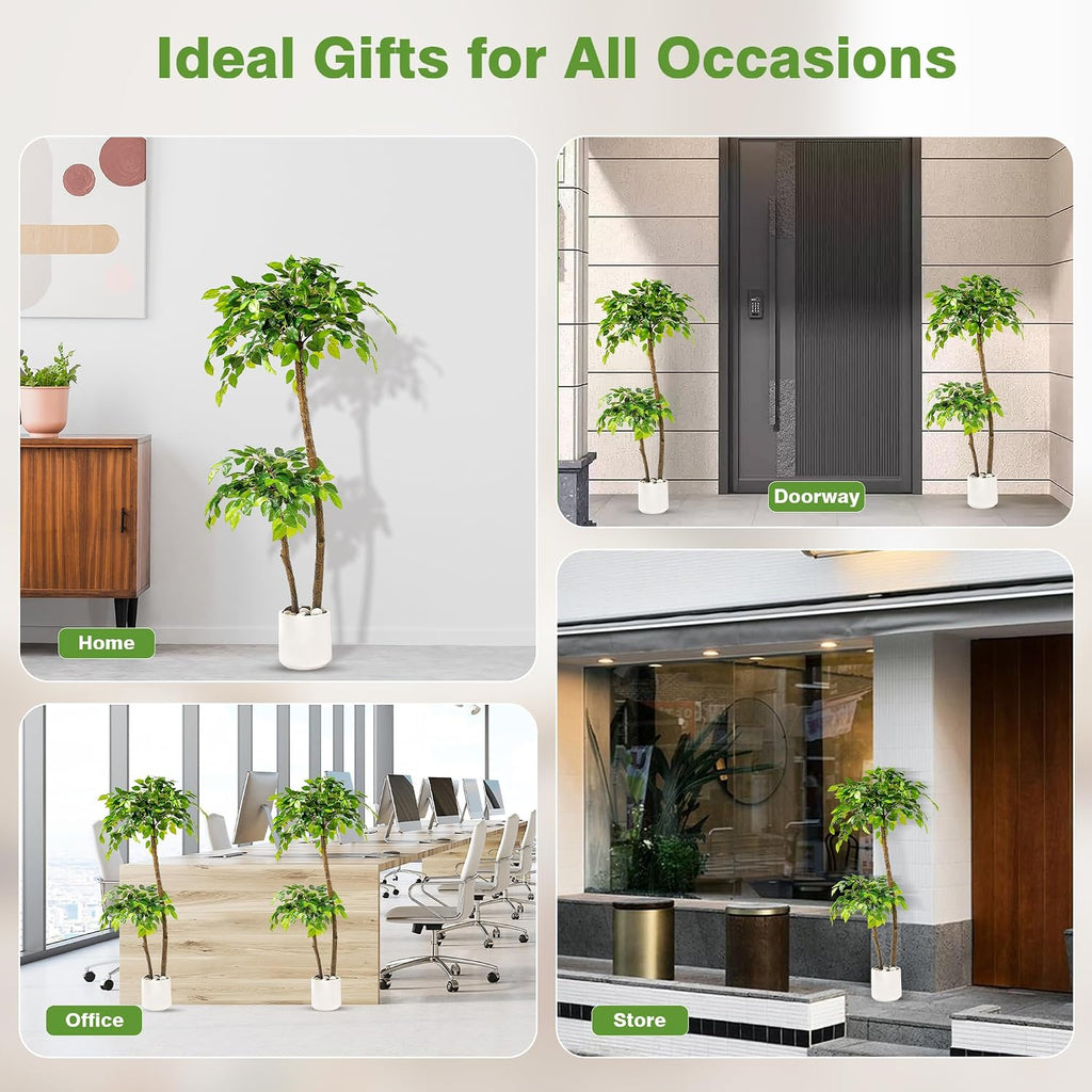 4FT Artificial Ficus Tree with White Planter, Moss and Pebbles