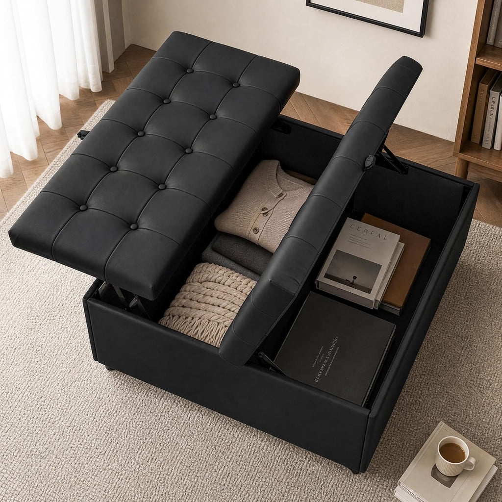 36 Inch Extra Large Black Leather Lift Top Living Room Storage Ottoman | Tufted Upholstered Shoe Storage Entry Bench