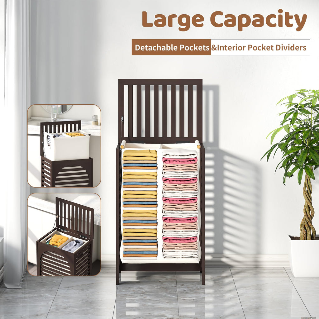 Laundry Hamper with Lid (16.9 * 13 * 26.5inches) Large Bamboo Laundry Bin Basket 85L Clothes Hamper with 1 Removable