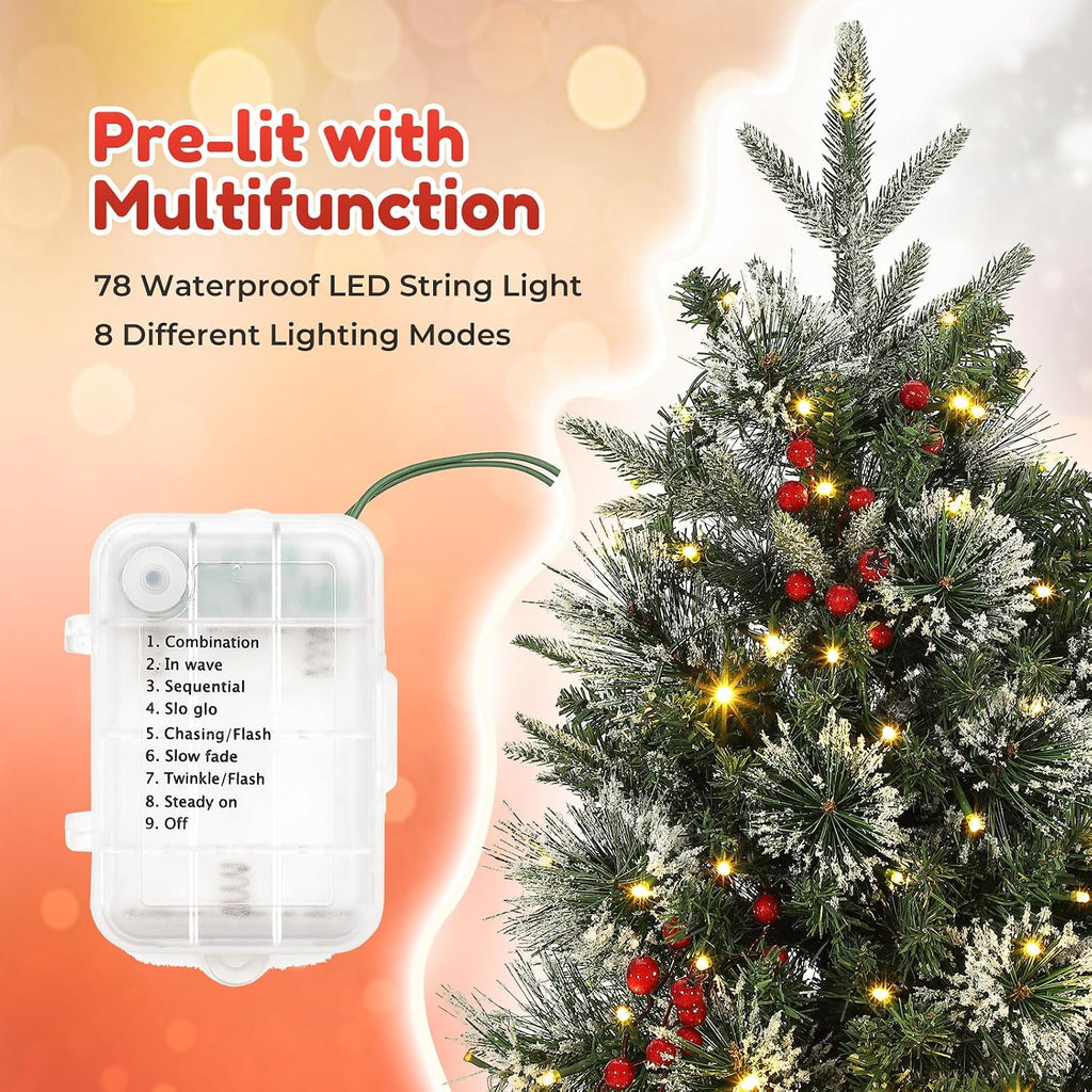 3 ft Christmas Tree with 78 Lights, Pre-Lit Artificial Desktop Xmas Tree with 8 Mode Includes Red Berries & Sleigh