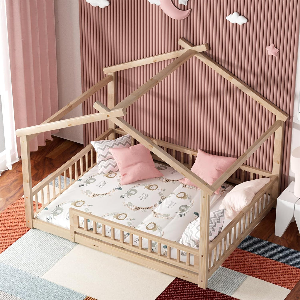 Full Size House Bed with Fence, Wooden Montessori Bed with Slats Support, Floor Bed Frame for Boys Girls Bedroom