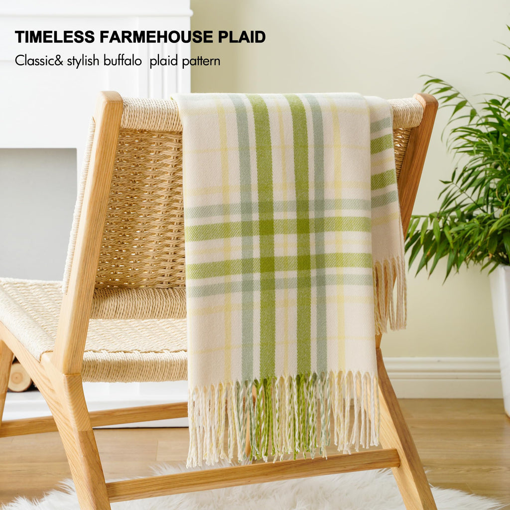 Spring Summer Plaid Throw Blanket for Couch Bed, White Green Stripe Blanket