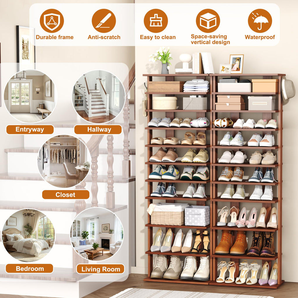 10-Tier Corner Shoe Tower - Double Rows, Slim Shoe Stand for 20 Pairs - Entryway, Hallway, Closet (Walnut)