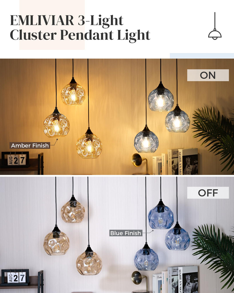 Cluster Pendant Lamp with Hammered Glass, Linear Barn Hanging Pendant Lighting in Amber Finish, DYE287G2-3 BK