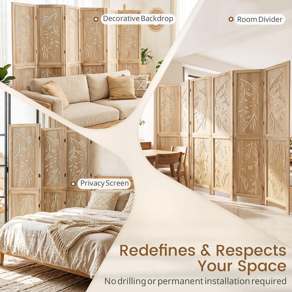 6 Panel Boho Room Divider with Carved Palm Leaf Pattern, Natural