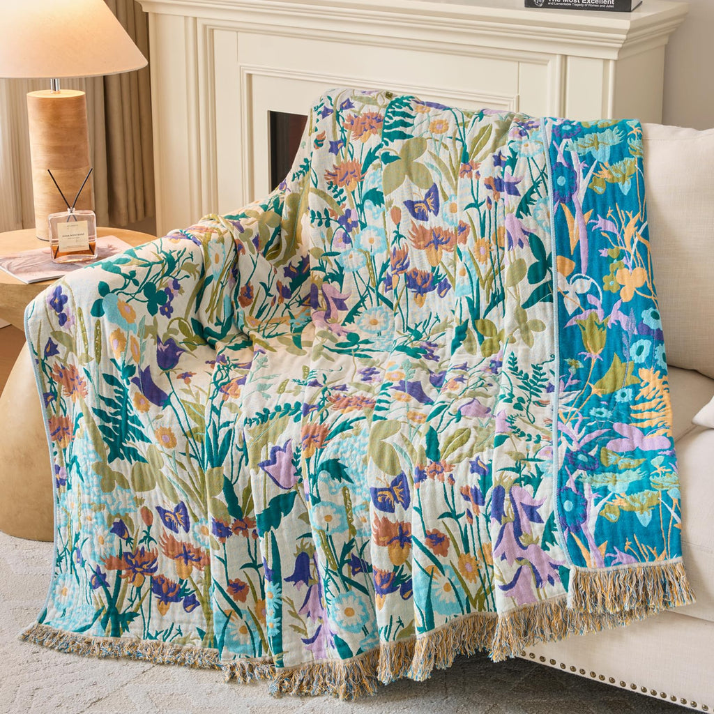 Boho Throw Blanket, 100% Soft Cotton Floral Quilt, Twin 60"x 80"