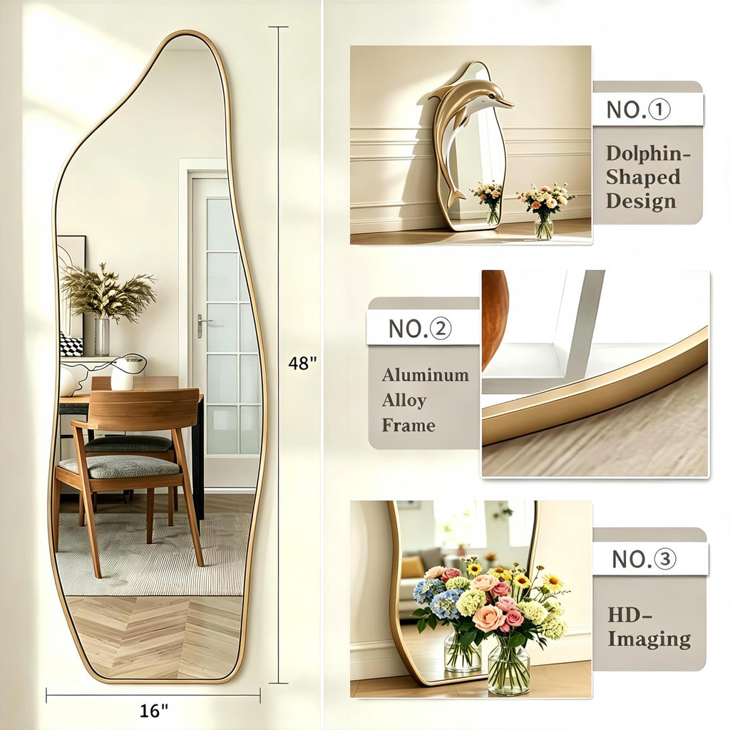 48"x16" Full Length Door Mirror, Dolphin Hanging Mirror, Gold
