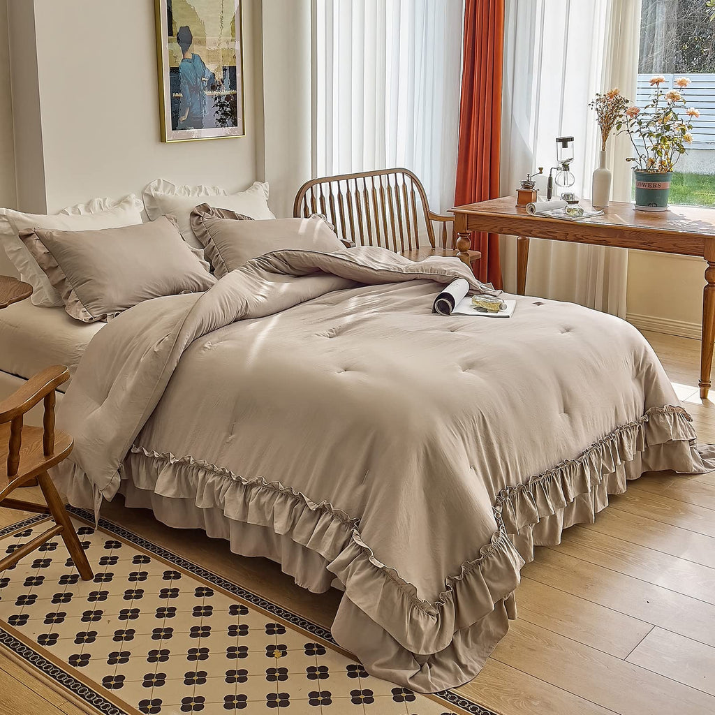Taupe Comforters Set, Vintage Boho Chic Farmhouse Bedding Sets Shabby Ruffle Bed Comforter Bedding