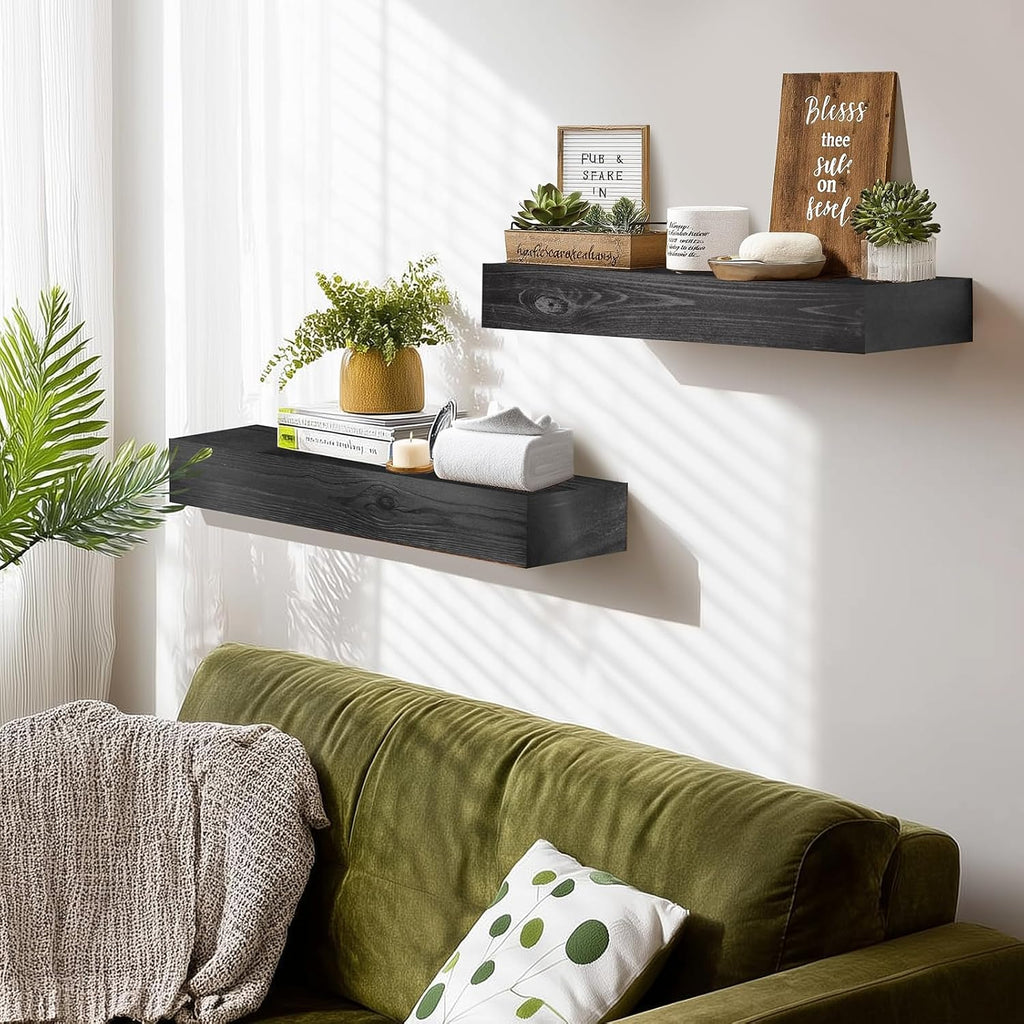 Floating Shelves, 17 x 7 Inch Fireplace Mantel, Set of 2, Black | Rustic Finish, Mounting Hardware Included, Easy