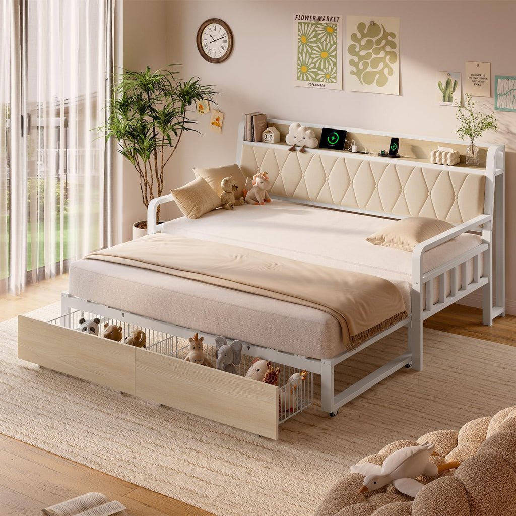 Twin Daybed with Pop up Trundle, Twin to King Daybed, White