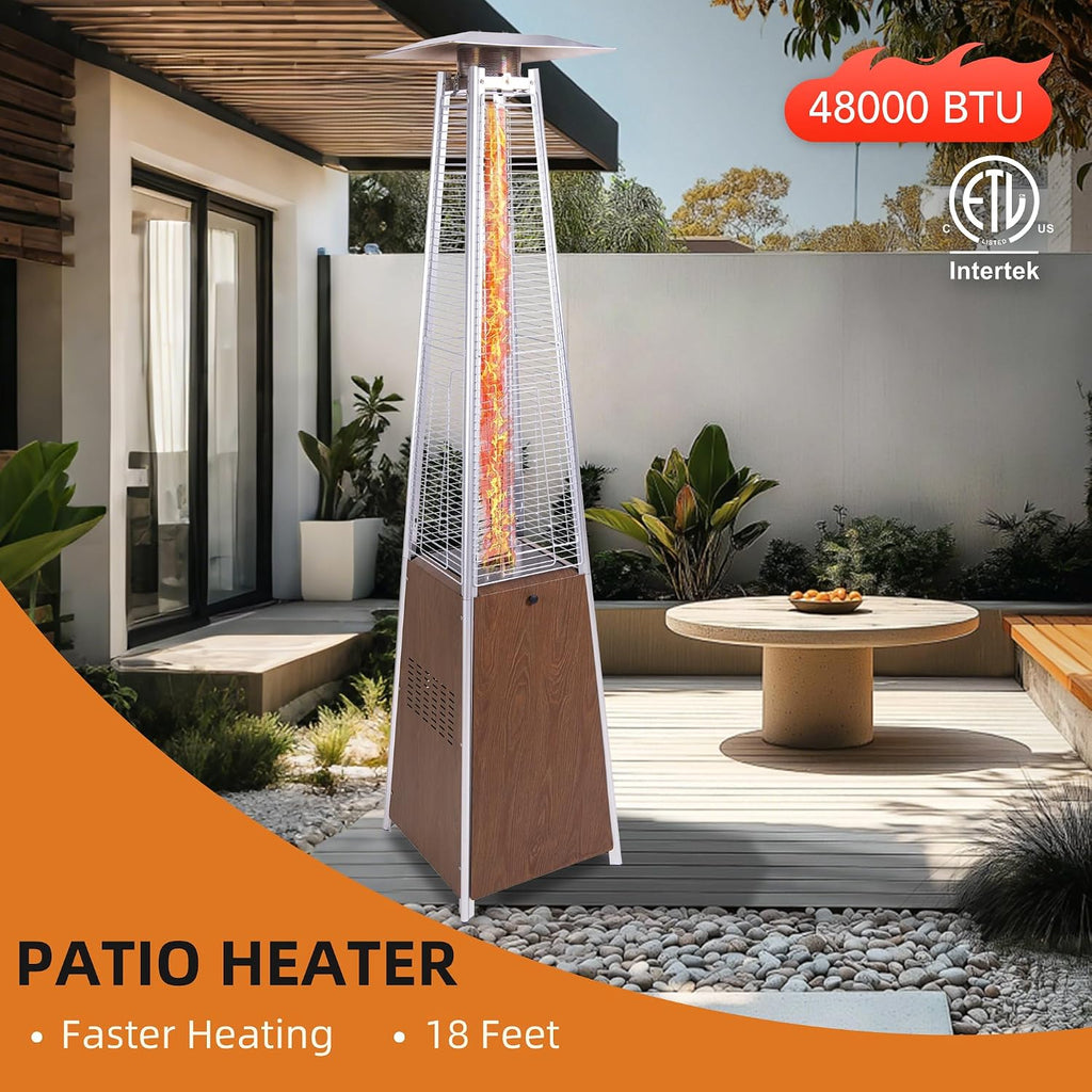 Veemuao 48,000 BTU Pyramid Patio Heater Outdoor Propane Gas Heater with Quartz Glass Tube, Wheels & Cover, Stainless