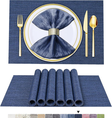 Placemats, Woven Vinyl Placemat for Dining Table Washable Wipeable Kitchen Place Mats Durable Indoor Outdoor - Set of 6