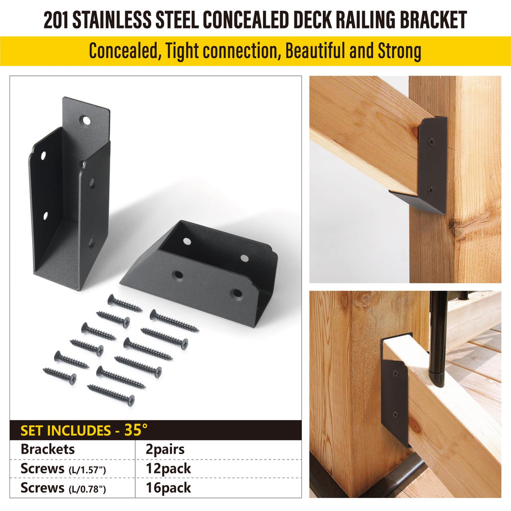 201 Stainless Steel 2" x 4" (1 1⁄2" x 3 1⁄2" Actual) Deck Railing 35° Stair Connectors, for Deck Railing Stair