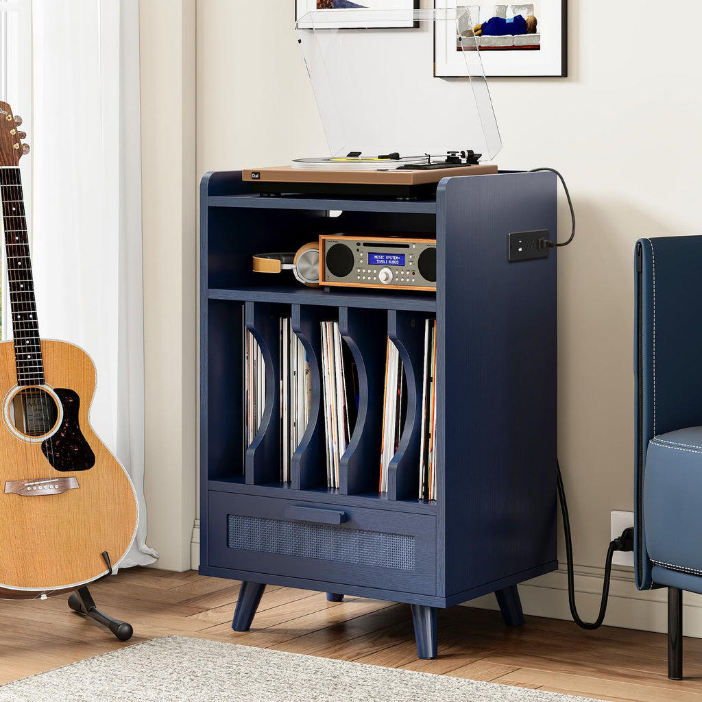 Record Player Stand with Power Outlets, Vinyl Storage Cabinet, Blue