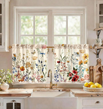 Floral Kitchen Tier Curtains - Linen Blend Farmhouse Cafe Curtains Vintage Small Window Treatments