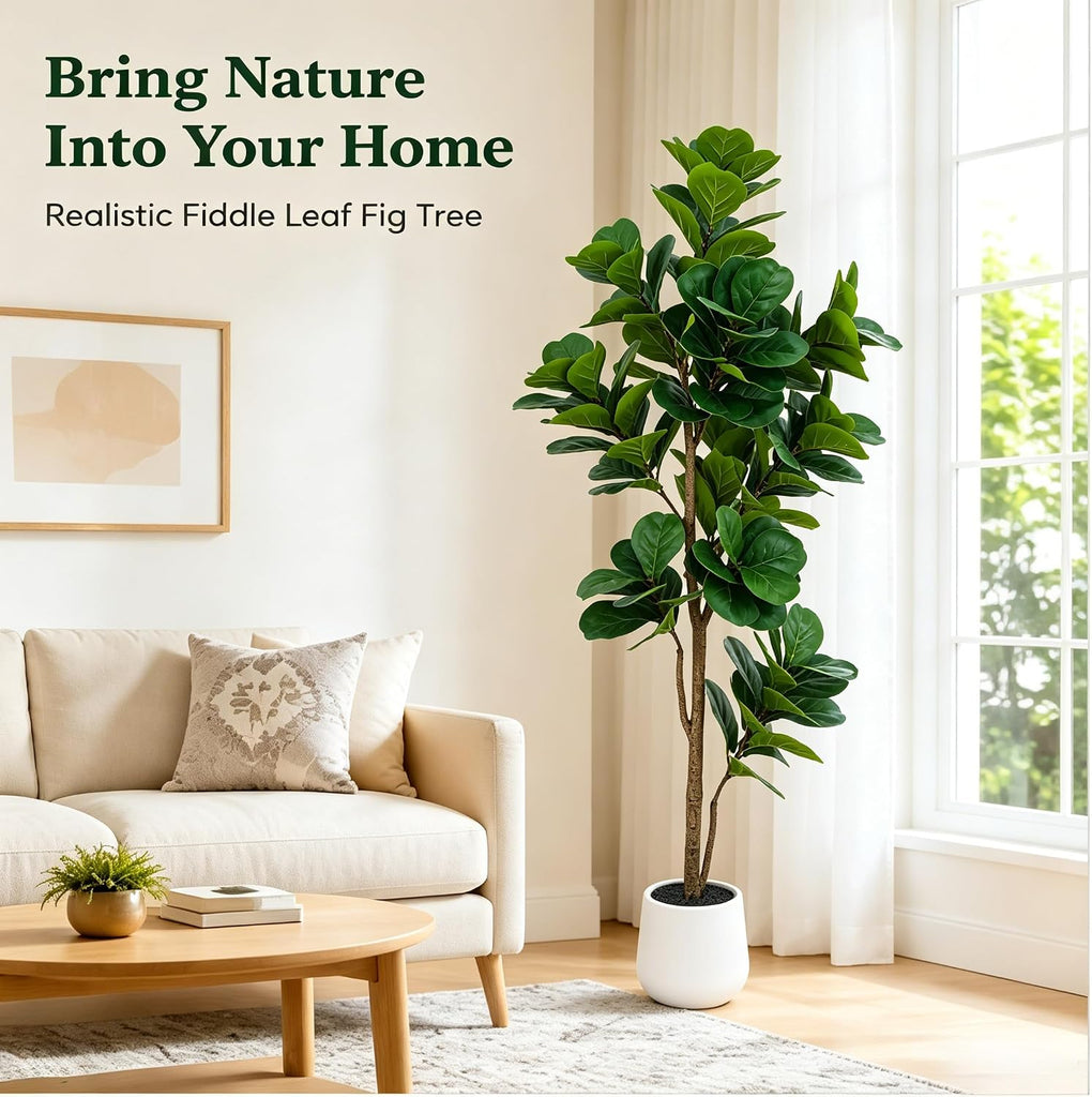 Artificial Fiddle Leaf Fig Tree 7ft - Lifelike Indoor Tall Faux Plant Décor, Low Maintenance, Realistic Greenery