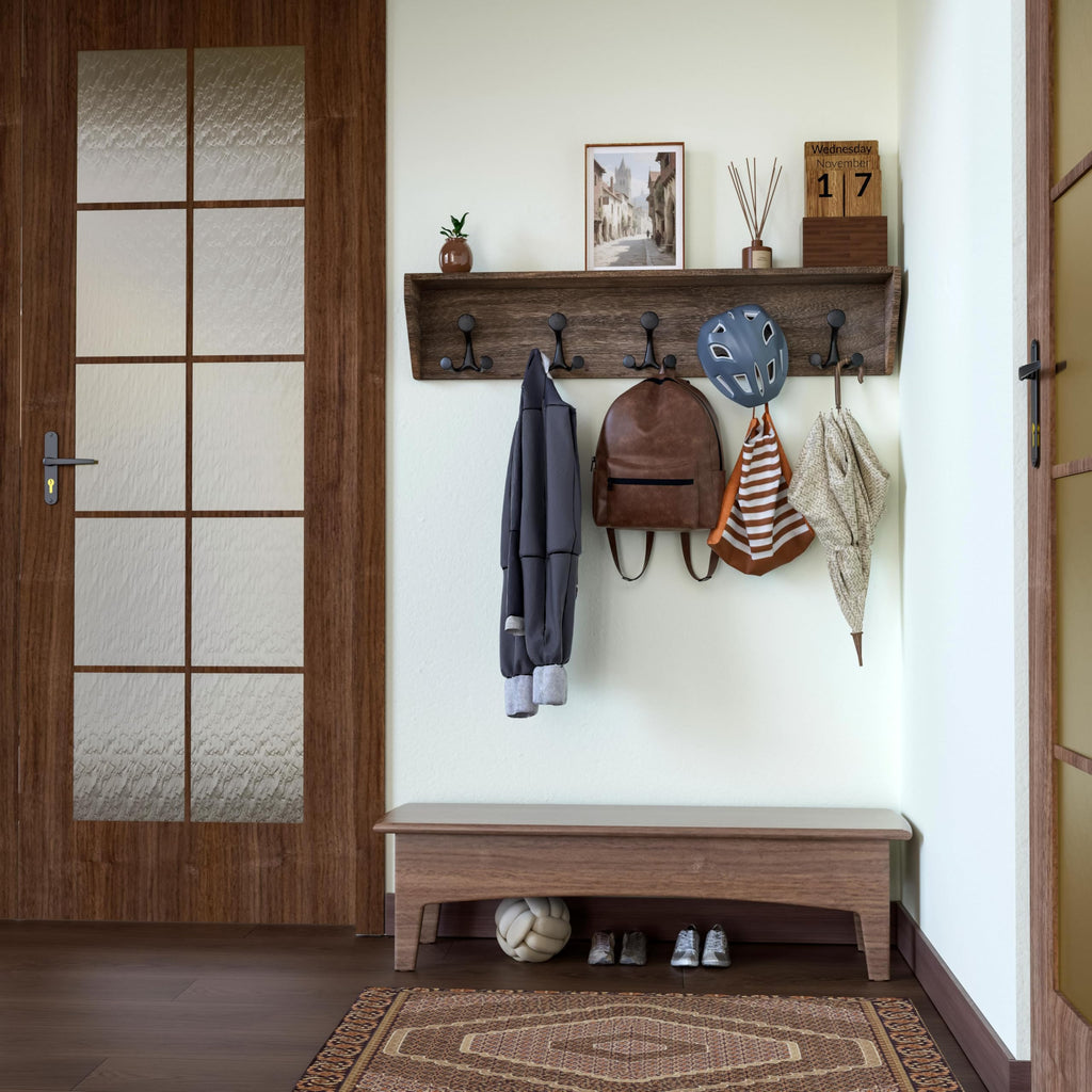 Wall Shelf with Hooks, 35-Inch Weathered Brown Wall Mounted Coat Rack with Shelf Organizer - Lightweight & Sturdy