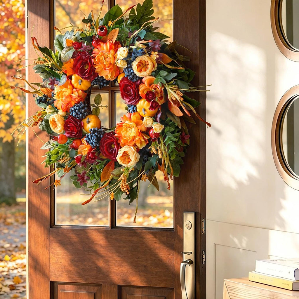 24 Inch Artificial Harvest Fall Wreath for Front Door,Porch & Entryway,Wall