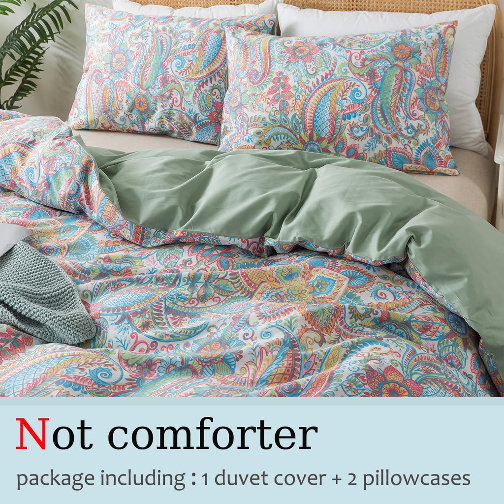 Pink Green Duvet Cover Set Queen Size 100% Percale Cotton Paisley Comforter Cover Floral Printed Watercolor Bedding