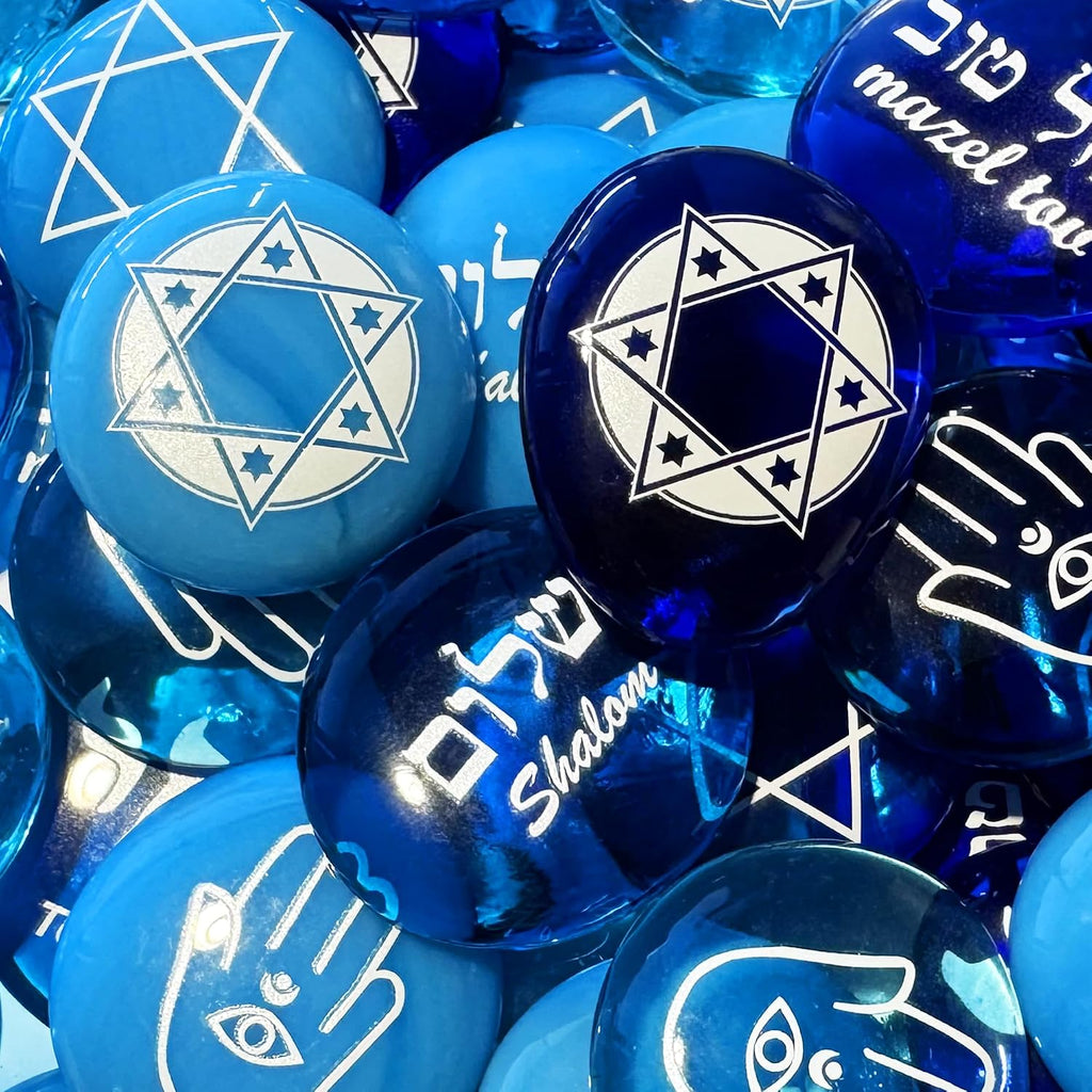 Judaica Glass Stones: Chai, Star of David, Hamsa, Mazel Tov and Shalom on Shades of Blue, Set of Six - Set of 6