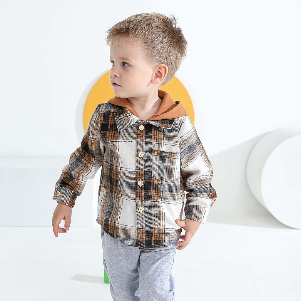 Toddler Baby Boy Plaid Flannel Hooded Button Down Shirt