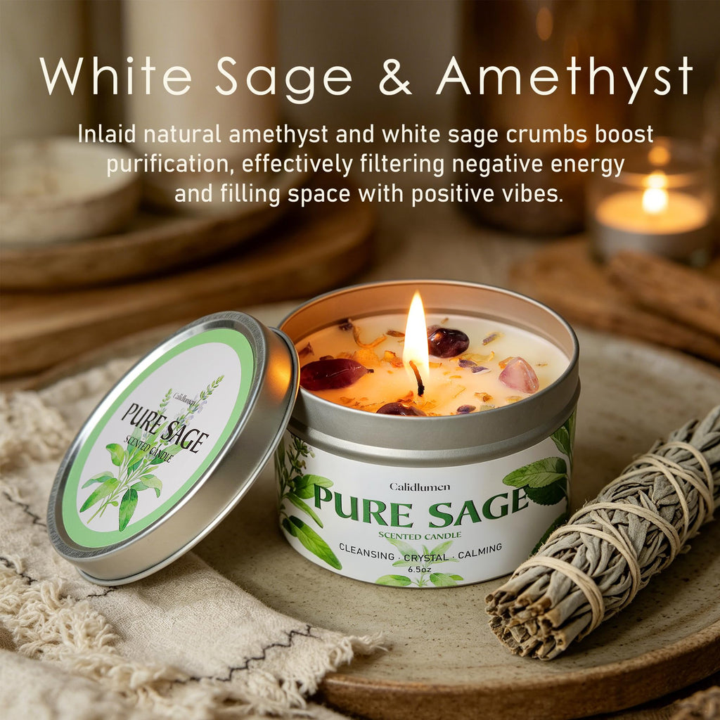 Pure Sage Candle for Cleansing - 2Pc Soy Scented Candle with Crystals & Sage Leaves Inside, House Negative Energy