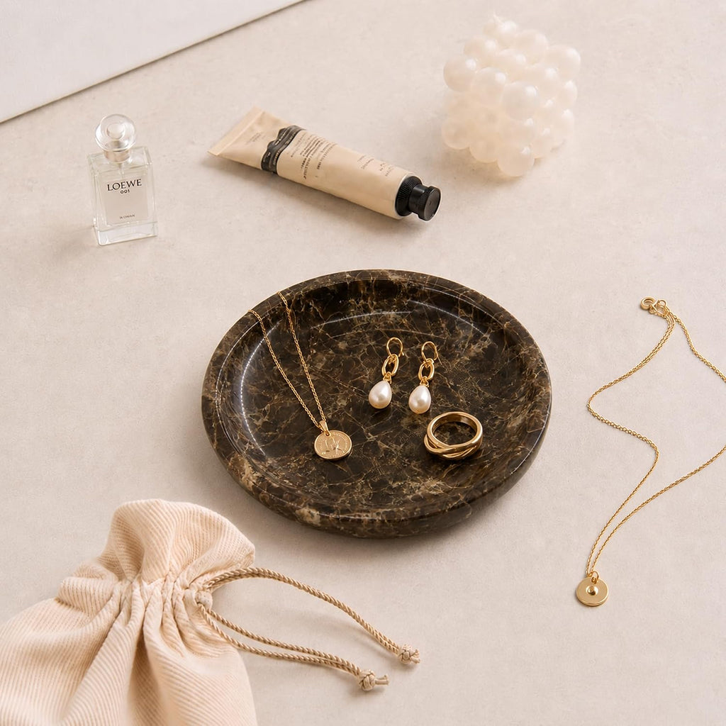 Small Natural Marble Jewelry Tray Key Plate Holder Dish Trinket Decor Catch All Bowl for Ring Earring Stone Gift