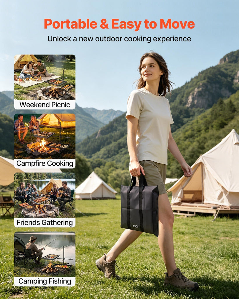 Heavy Duty Swivel Campfire Grill, Double Layer Portable Camping Grill Grate & Griddle, Sturdy Steel BBQ Mesh, 360°