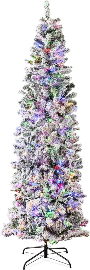 Flocked Pencil Christmas Tree, Pre-Lit Slim Artificial Holiday Decoration, 2-in-1 White & Multicolor Lights