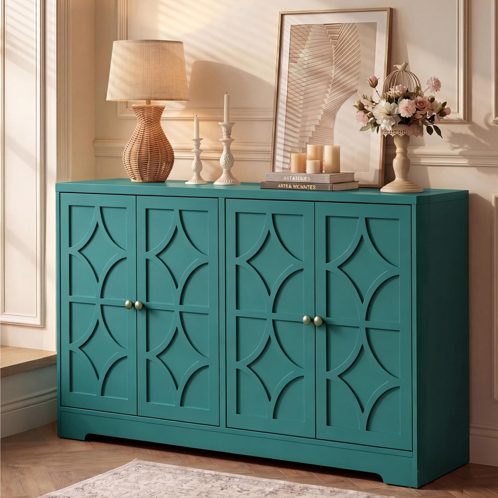 112'' Sideboard Buffet Cabinet with Storage, Modern Sideboard with 4 Carved Doors and Adjustable Shelves, Large Wood
