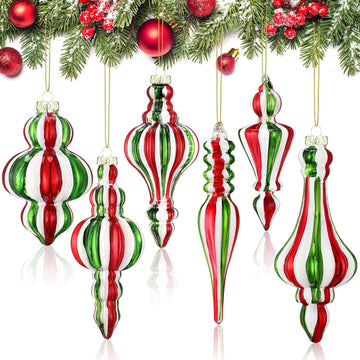 6.3 in Red and Green Mercury Glass Finial Christmas Ornaments - Set of 6
