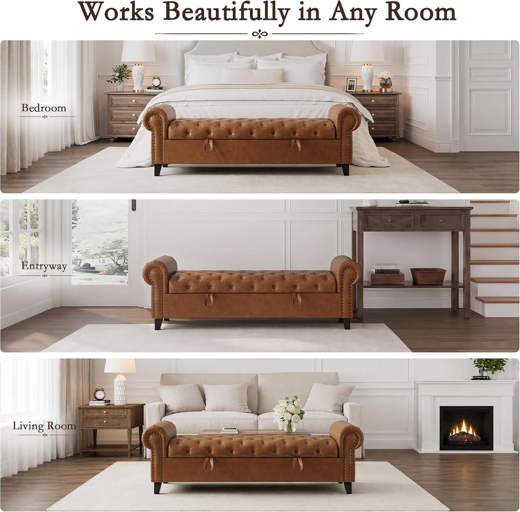 67 Inch Faux Leather Storage Bench with Rolled Arms, Chesterfield Tufted Ottoman Bench with Nailhead Trim
