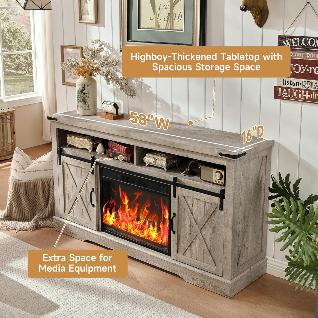 58" Fireplace TV Stand for TV up to 65 Inch with Farmhouse Sliding Barn Doors, Highboy Entertainment Center with
