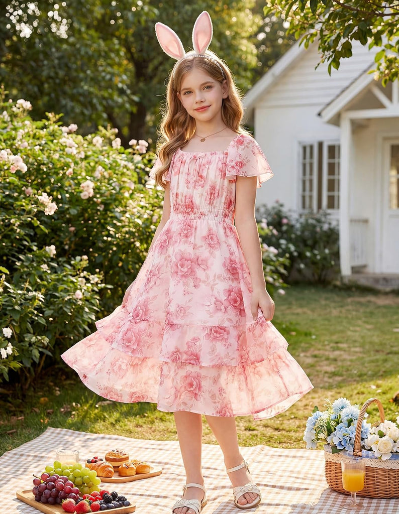 Girls Floral Summer Dress Flutter Sleeve Square Neck Midi Casual Dress for Girl