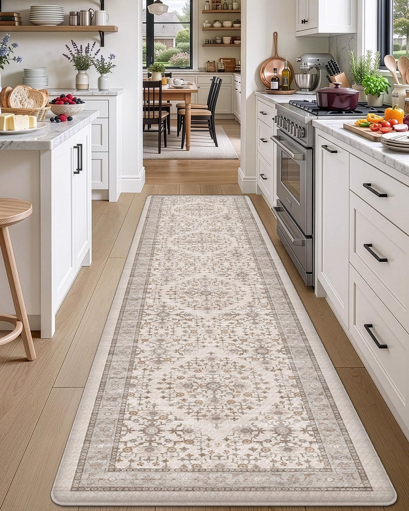 Kitchen Floor Mats Cushioned Anti Fatigue Runner Rug, 23x86 | Beige/White Soft Comfort Memory Foam, Easy Care