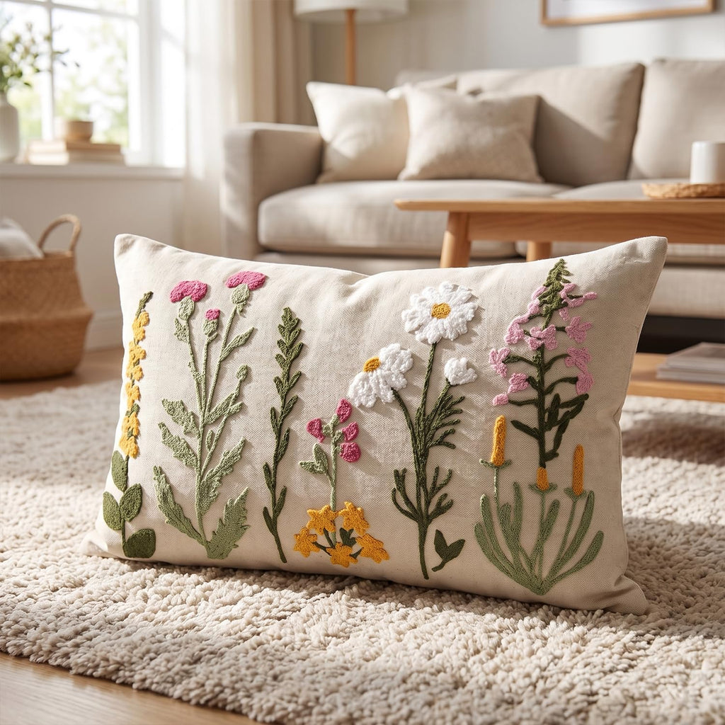 Spring Summer Floral Daisy Embroidered Throw Pillow Covers, 12 x 20 Inch Beige Colorful Flowers Decor Tufted