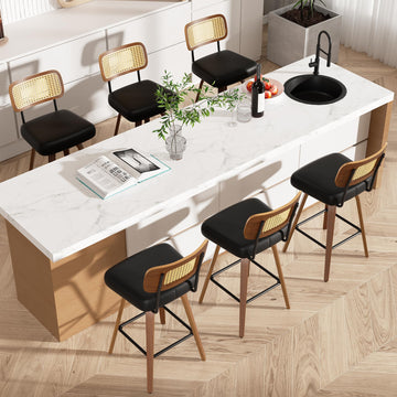 Swivel Bar Stools Set of 6, 26" Upholstered Faux Leather Counter Height Barstools with Rattan Back & Bentwood Legs