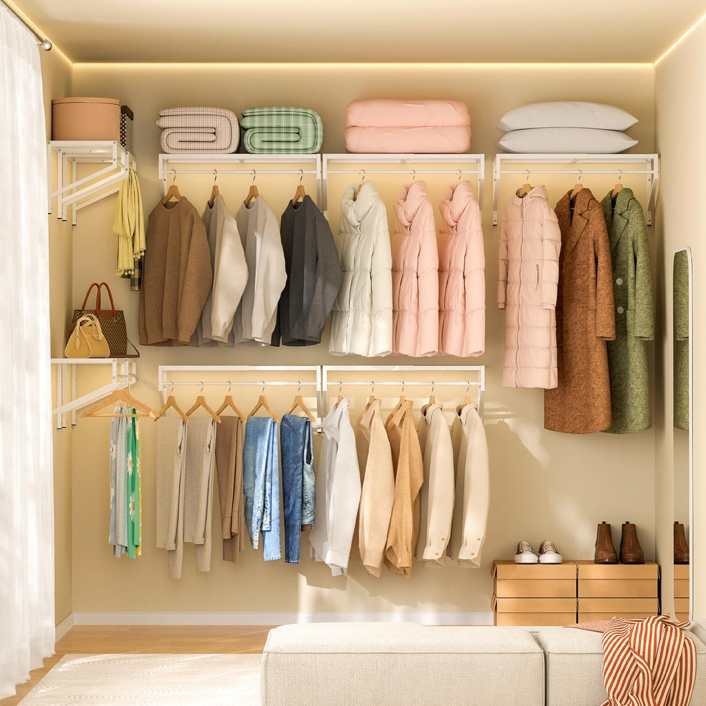 Expandable Closet Shelves Wall Mounted, 2 Pack Closet Shelving with Hanging Rods, Wall Shelving for Walk-in Closet