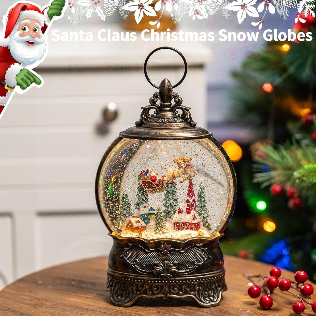 Christmas Village Snow Globe Lighted Flying Santa Scene, Musical Snow Water Lantern Swirling Glittering Home