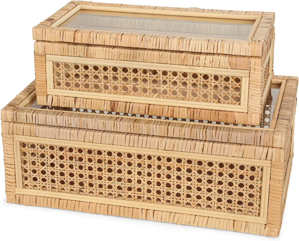 Large Handwoven Boho Rattan Display Boxes with Glass Lids Set of 2 | Rectangular Decorative Storage Bins Natural
