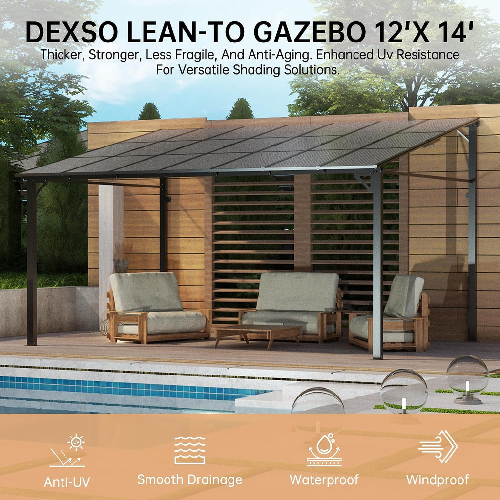 12' x 14' Hardtop Lean-to Gazebo, Wall-Mounted Aluminum Pergola with Polycarbonate Roof – Black