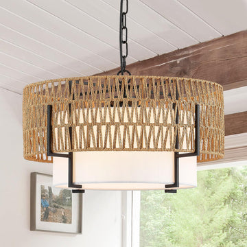 19.8'' Boho Rattan Chandelier 4-Light Rustic Farmhouse Pendant Light Fixture with Fabric Lampshade Drum Chandelier
