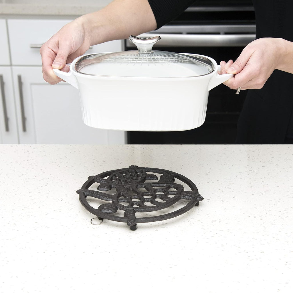 Cast Iron Trivet for Hot Dishes, Pots, and Pans, Metal Trivet, 2 Turtle Design, Rubber Feet Caps, Ring Hanger, 8.75