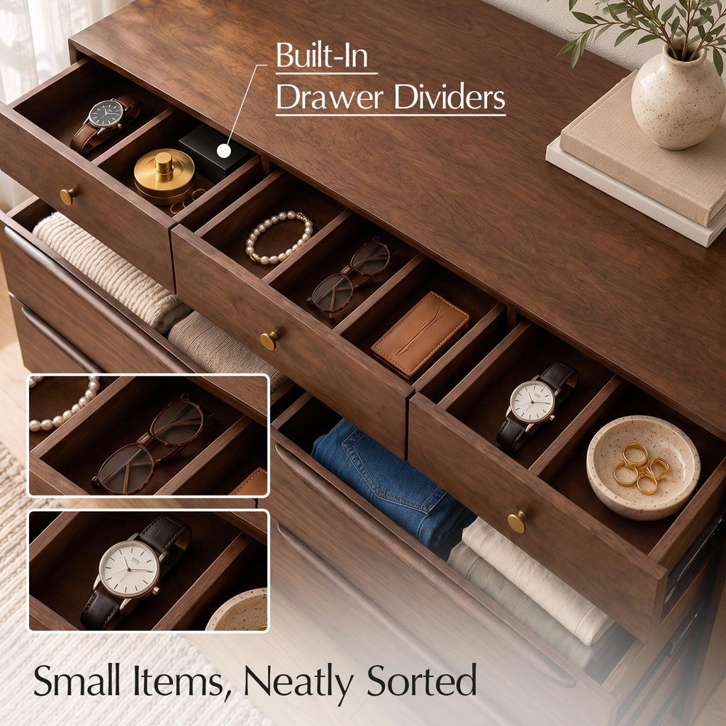 Mid-Century Modern 7-Drawer Dresser with Dividers (Walnut)